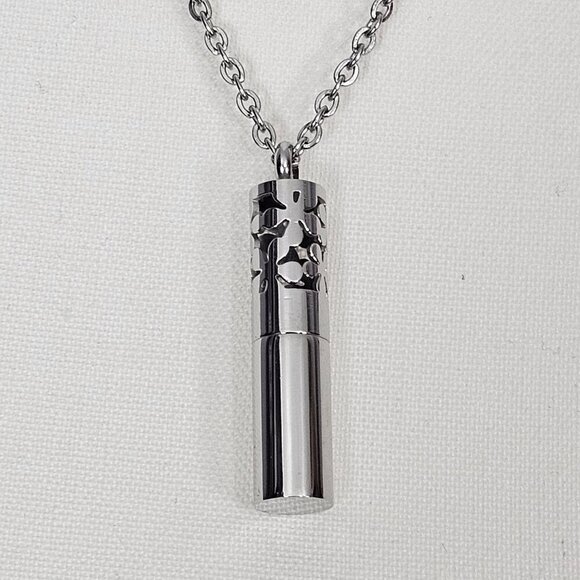 Silver Tone Stainless Steel Cylinder Floral Swirl Essential Oil Pendant Necklace - Picture 5 of 8